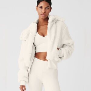 Alo Foxy Sherpa Jacket Coat Ivory Cream Fleece Full Zio Removable Hood Relaxed:S